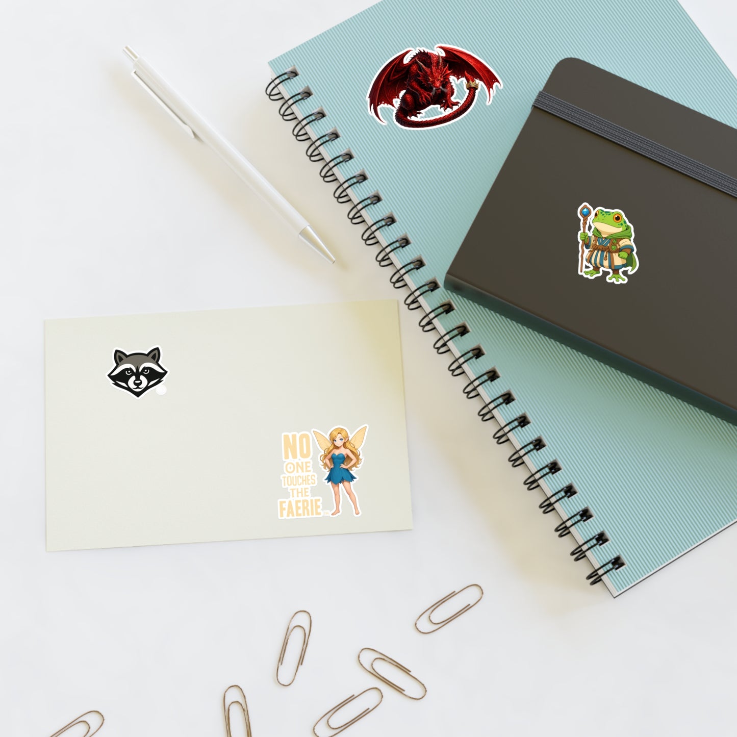 Fantasy Creature Sticker Sheet — Dragon, Frog Wizard, Fairy & Raccoon Decals